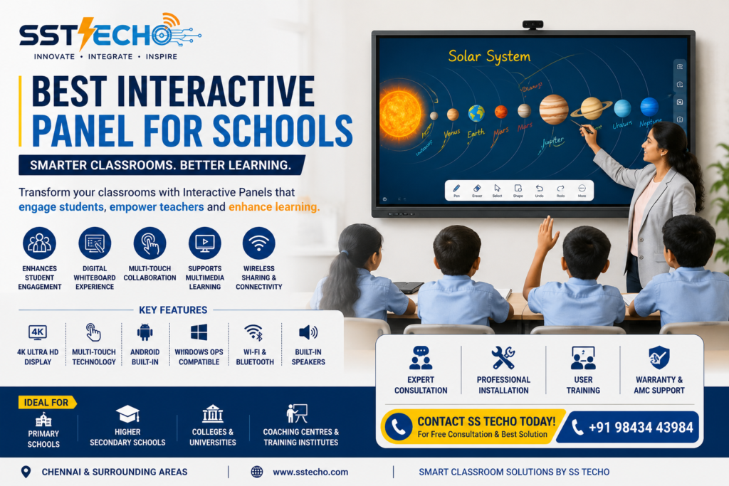 Best Interactive Panel for Schools by SS TECHO featuring smart classroom solutions, 4K Interactive Panels, multi-touch technology and professional installation for educational institutions in Chennai.