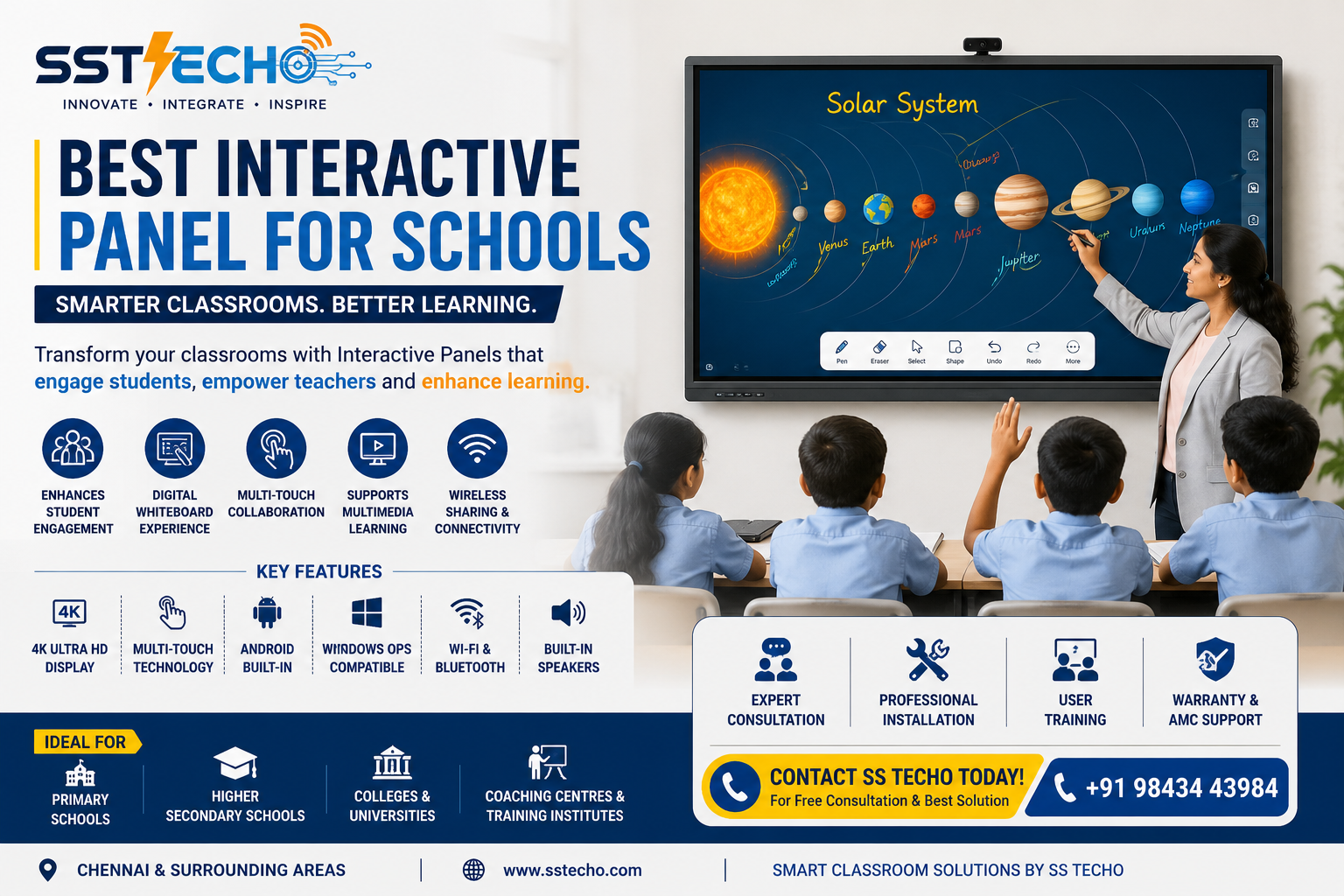 Best Interactive Panel for Schools by SS TECHO featuring smart classroom solutions, 4K Interactive Panels, multi-touch technology and professional installation for educational institutions in Chennai.