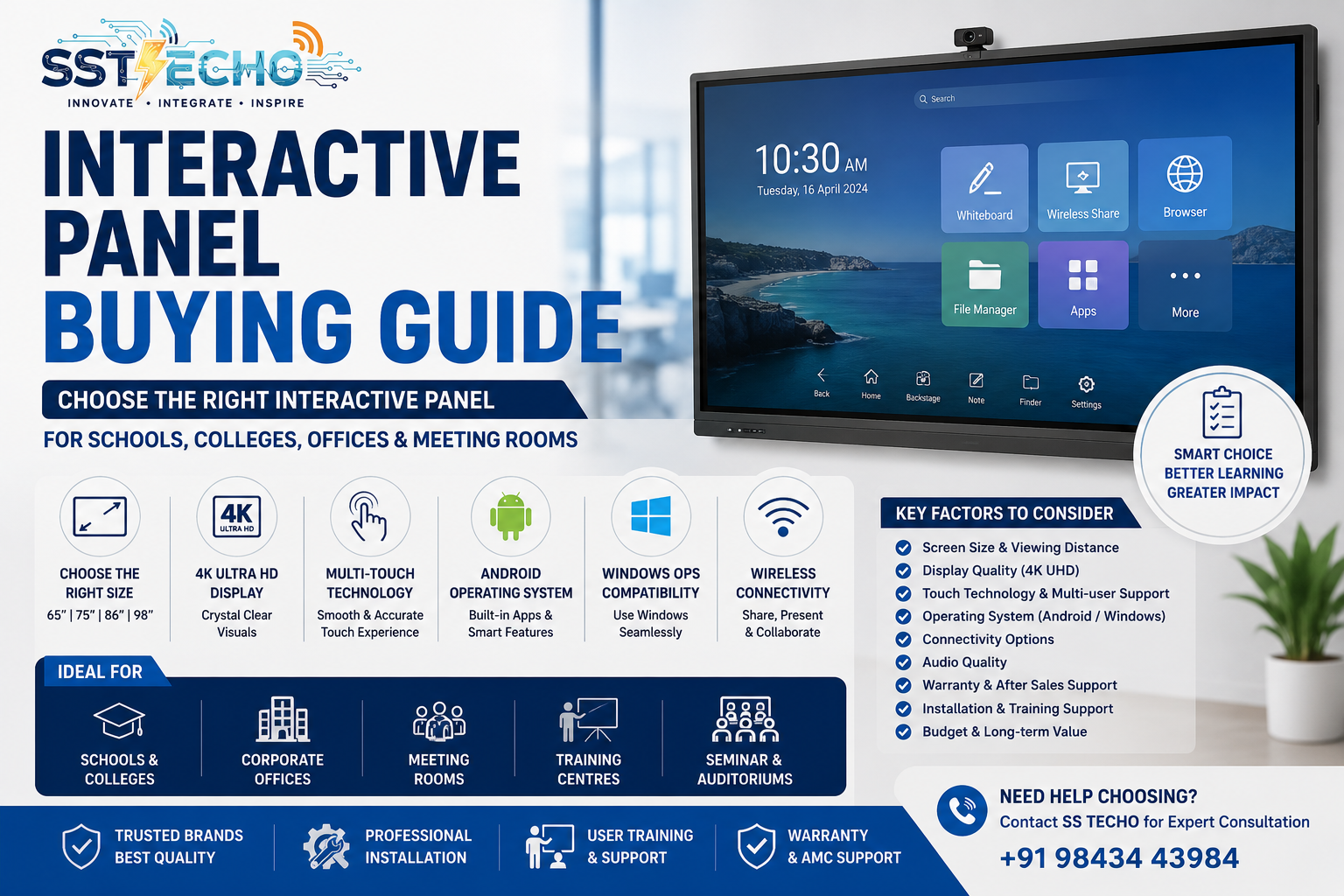 Interactive Panel Buying Guide by SS TECHO explaining how to choose the right Interactive Panel for schools, colleges, corporate offices, meeting rooms and training centres in Chennai.