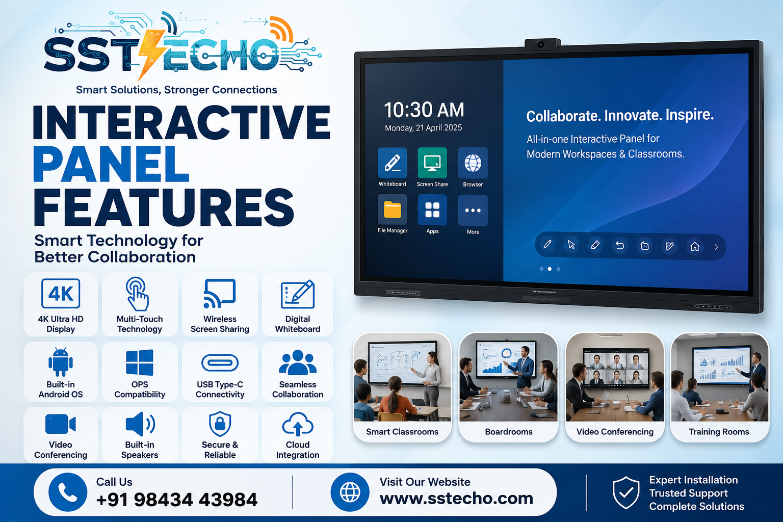 Interactive Panel Features explained by SS TECHO including 4K Ultra HD display, multi-touch technology, wireless screen sharing, digital whiteboard, Android OS, OPS compatibility, video conferencing and cloud integration.
