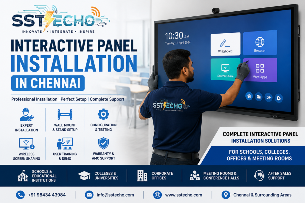 Professional Interactive Panel Installation in Chennai by SS TECHO for schools, colleges, corporate offices, meeting rooms and training centres.