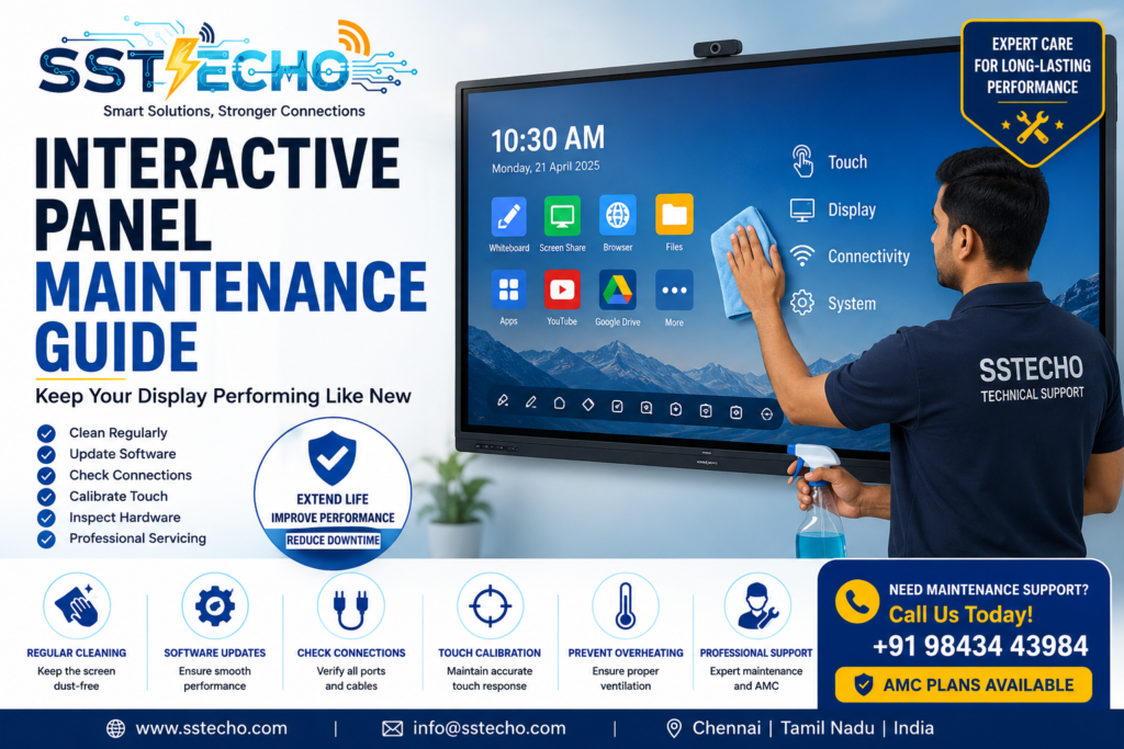 Interactive Panel Maintenance Guide by SS TECHO showing screen cleaning, software updates, touch calibration, connectivity checks and preventive maintenance for interactive displays.