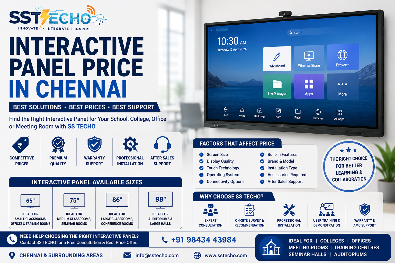 Interactive Panel Price in Chennai by SS TECHO explaining the factors that affect Interactive Panel pricing, screen sizes, features, installation and support for schools, colleges and corporate offices.