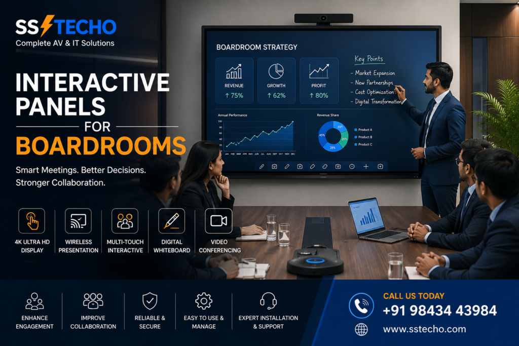 Interactive Panels for Boardrooms in Chennai by SS TECHO featuring 4K interactive display, wireless presentation, digital whiteboard, video conferencing and smart boardroom collaboration solutions.