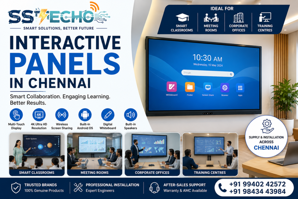 Interactive Panels in Chennai by SS TECHO for smart classrooms, schools, colleges, corporate offices, meeting rooms and training centres with professional installation.