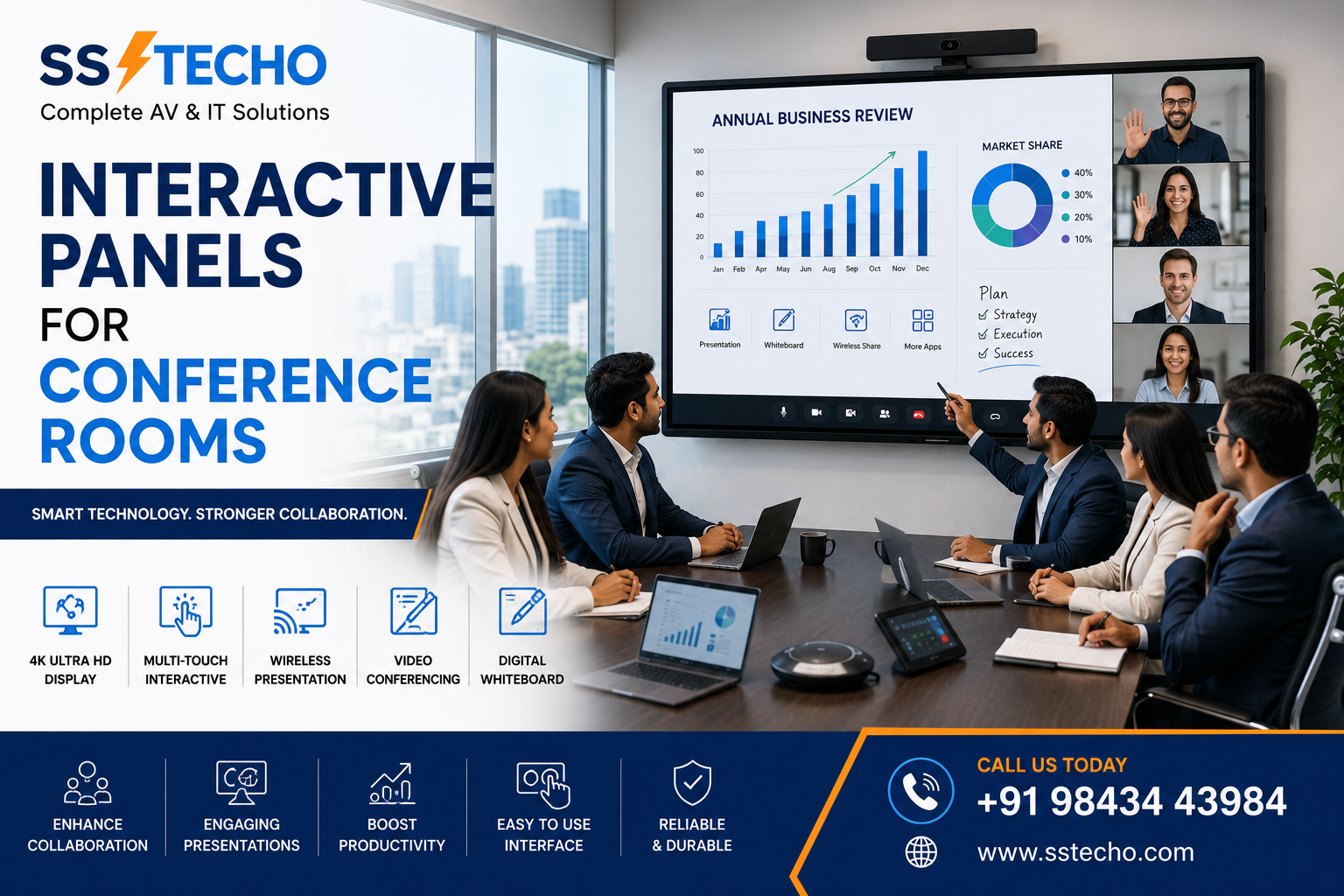 Interactive Panels for Conference Rooms in Chennai by SS TECHO featuring 4K interactive displays, wireless presentation, digital whiteboard, video conferencing and smart collaboration solutions for modern businesses.