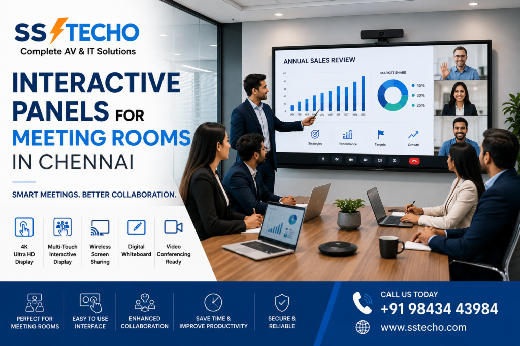 Interactive Panels for Meeting Rooms in Chennai by SS TECHO featuring 4K interactive displays, wireless screen sharing, video conferencing, digital whiteboard and smart collaboration solutions for businesses.