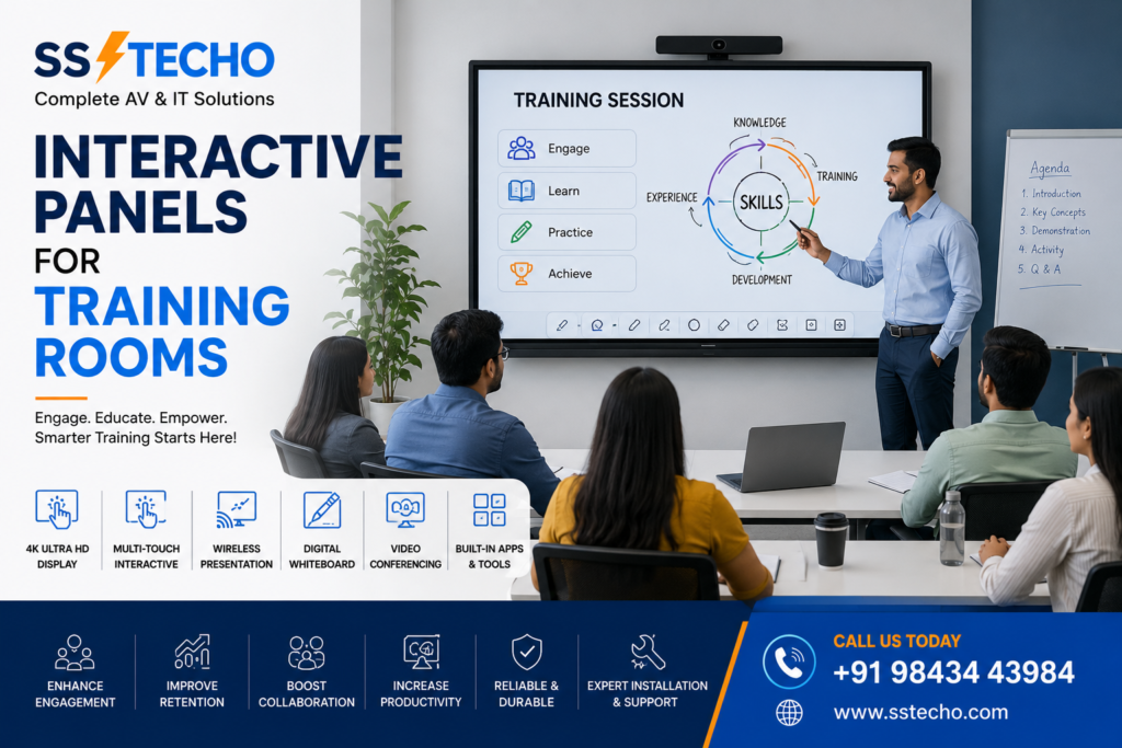 Interactive Panels for Training Rooms in Chennai by SS TECHO featuring 4K interactive display, digital whiteboard, wireless presentation, multi-touch technology and smart corporate training solutions.
