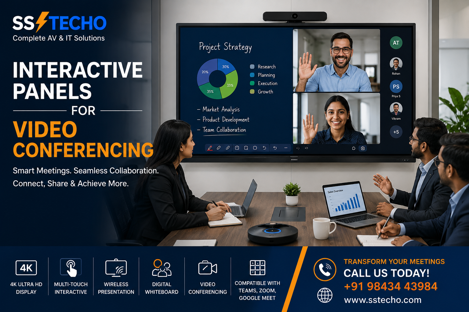 Interactive Panels for Video Conferencing in Chennai by SS TECHO featuring 4K interactive display, Microsoft Teams, Zoom integration, wireless presentation, digital whiteboard and hybrid meeting solutions.