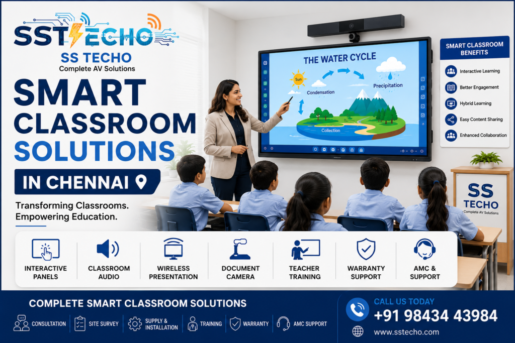 Smart Classroom Solutions in Chennai by SS TECHO featuring Interactive Panels, classroom audio systems, wireless presentation, document cameras, teacher training and professional installation for schools and colleges.