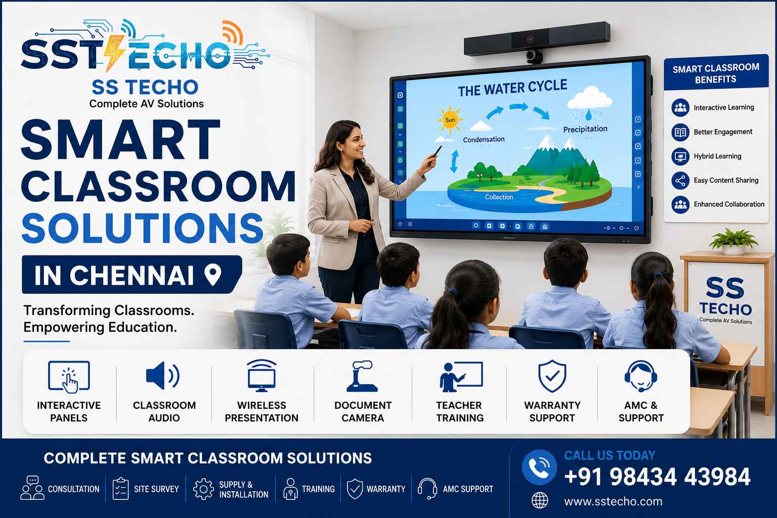 Smart Classroom Solutions in Chennai by SS TECHO featuring Interactive Panels, classroom audio systems, wireless presentation, document cameras, teacher training and professional installation for schools and colleges.